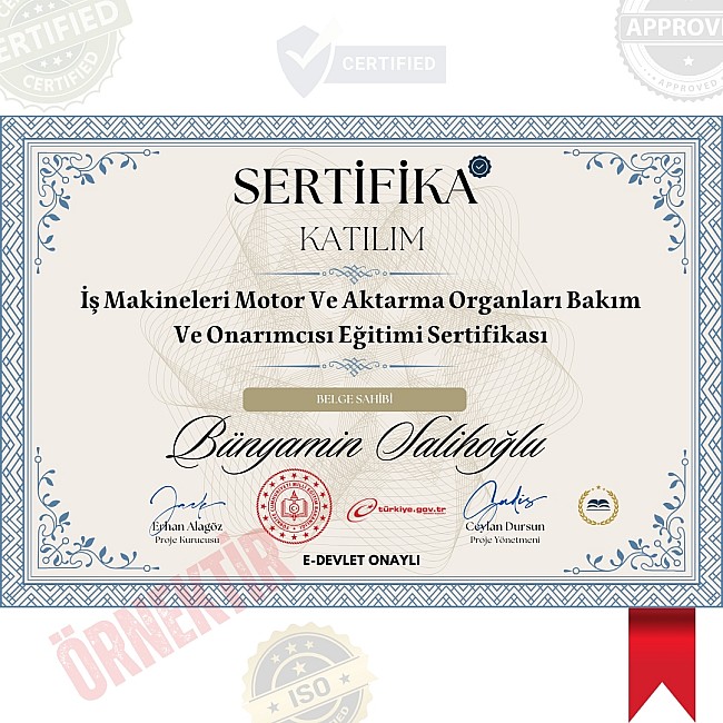 İş Makineleri Motor Ve Aktarma Organları Bakım Ve Onarımcısı Eğitimi Sertifika / 896 Saat